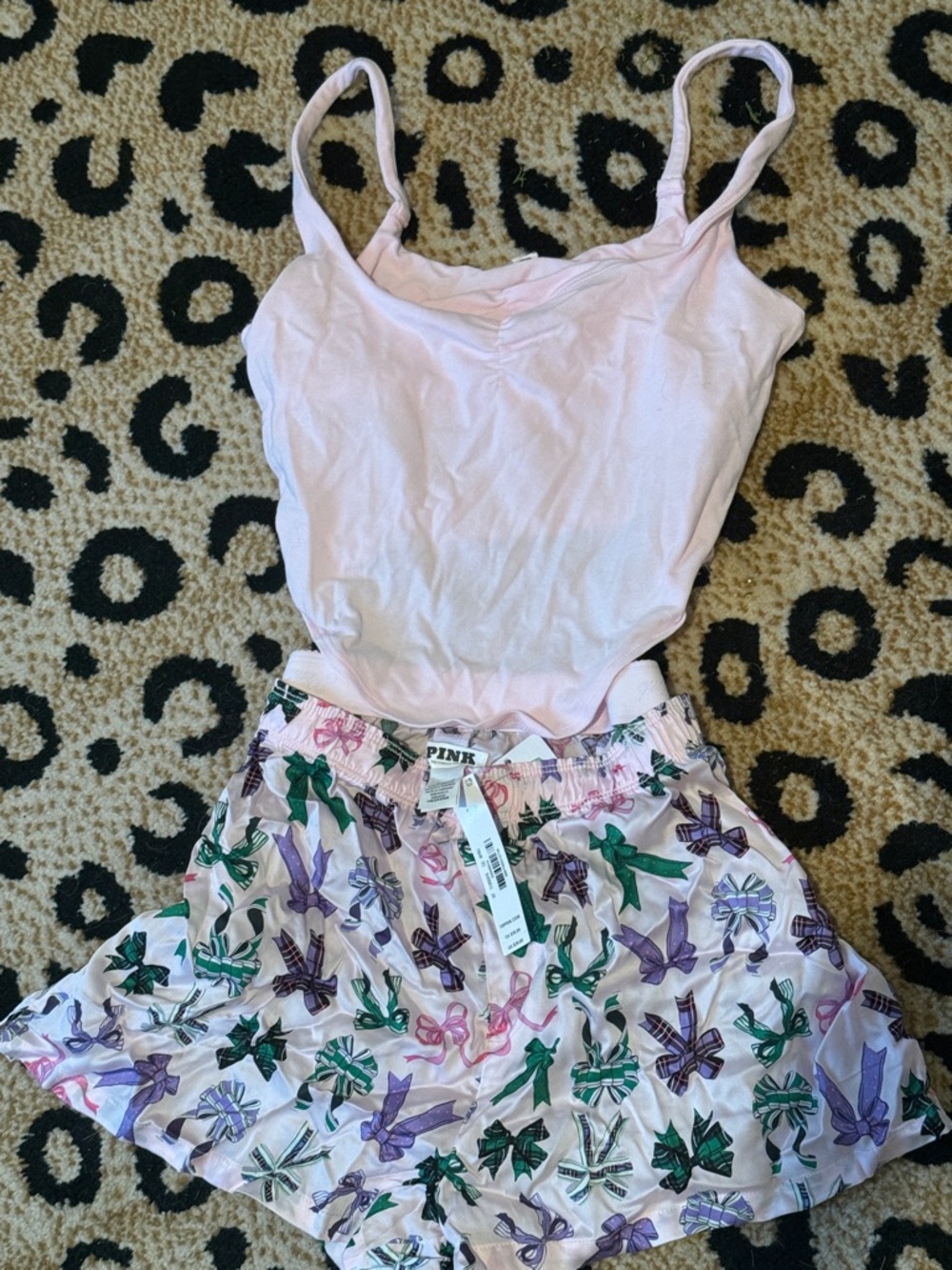 PINK Victoria's Secret Light Pink Cami & Printed Bow Sleep Shorts Set